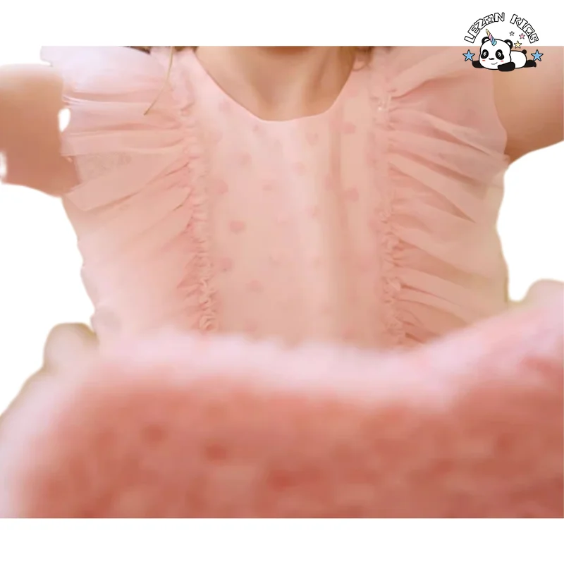 LEZONKIDS - Vestido de Tule Rosa com Logotipo Personalizado para Meninas, Sem Mangas, com Babados e Camadas para Festa Formal